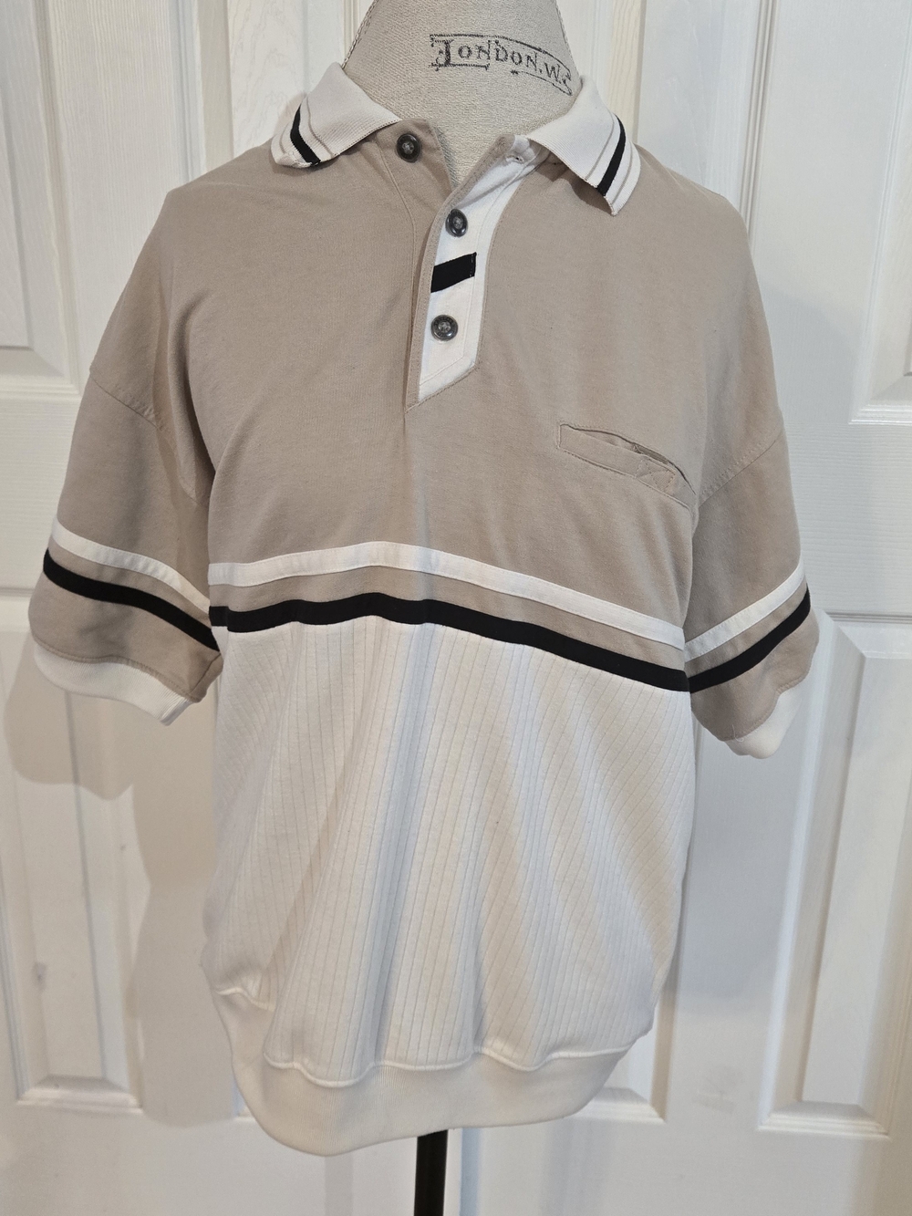 David Taylor Beige and White Striped Polo with Black Accents